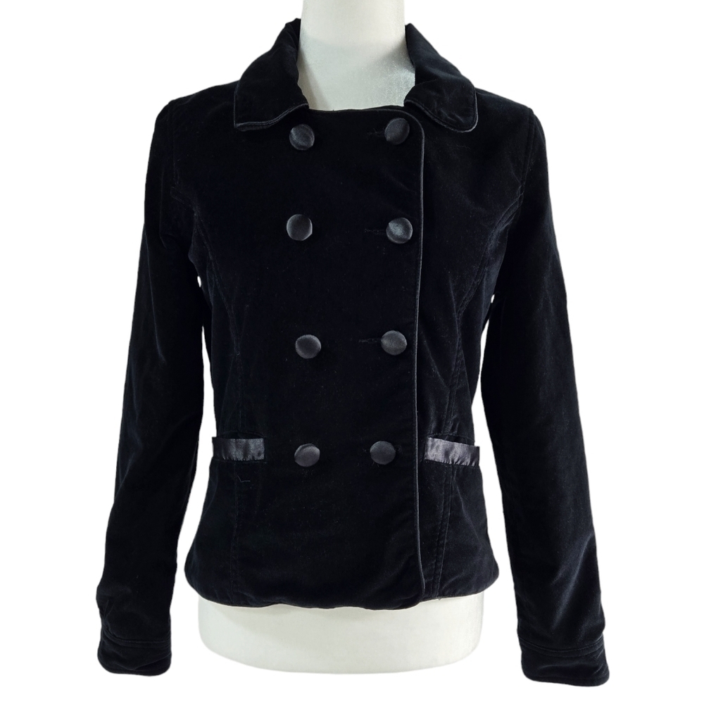 Tulle Anthropologie Black Velvet Double Breasted Peacoat Satin Trim Pockets